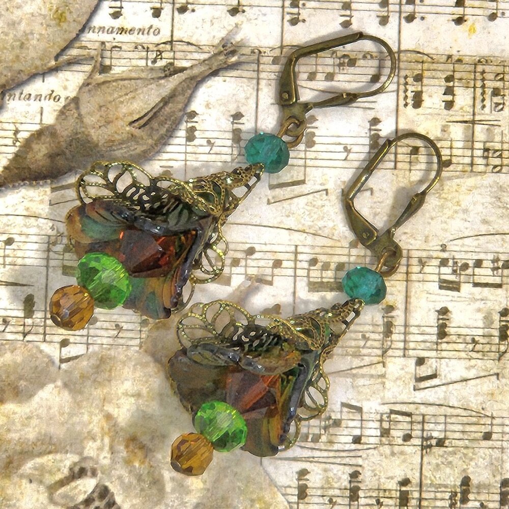 Brown Forest Green Bronze Hand Painted Lucite Flower Earrings, Crystal, Filigree
